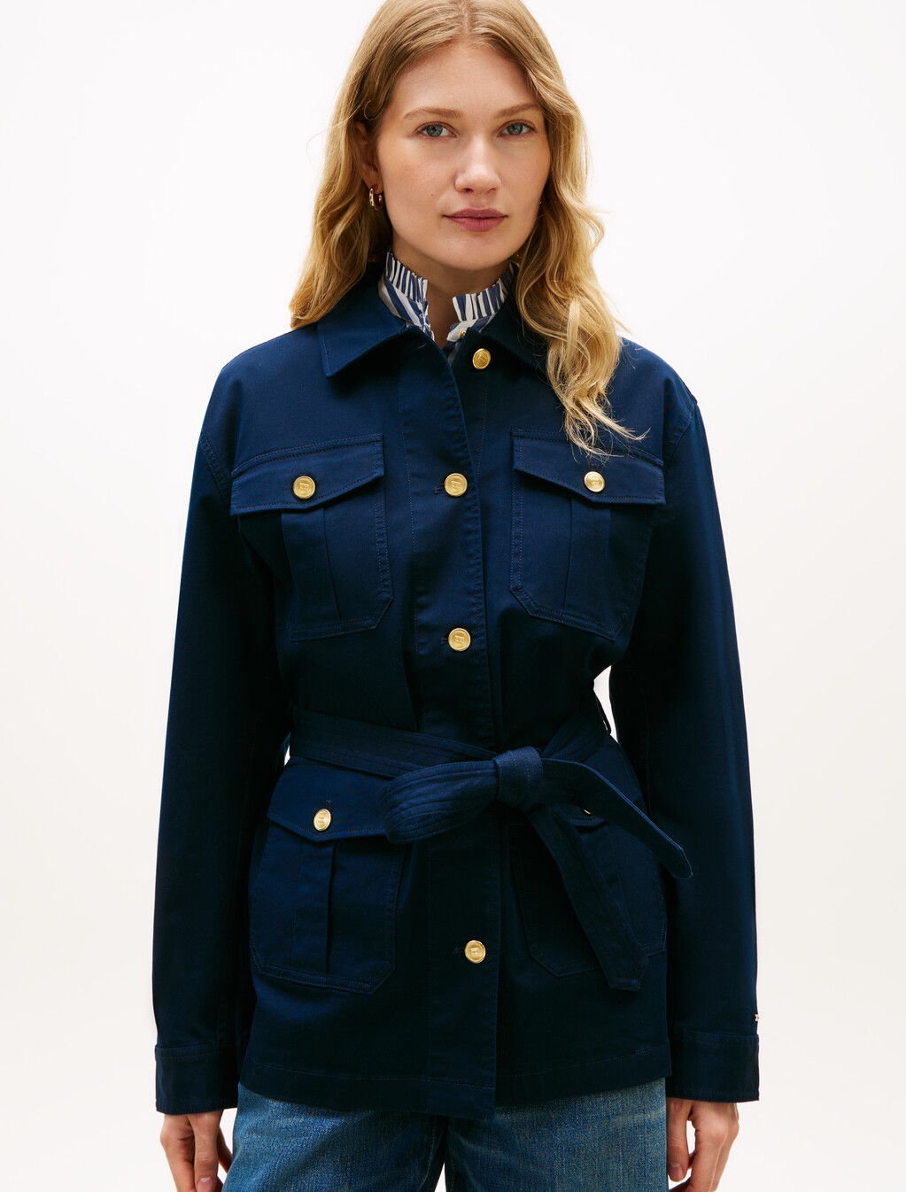 Cotton Gold Tone Button Field Jacket, Dark Night Navy, hi-res