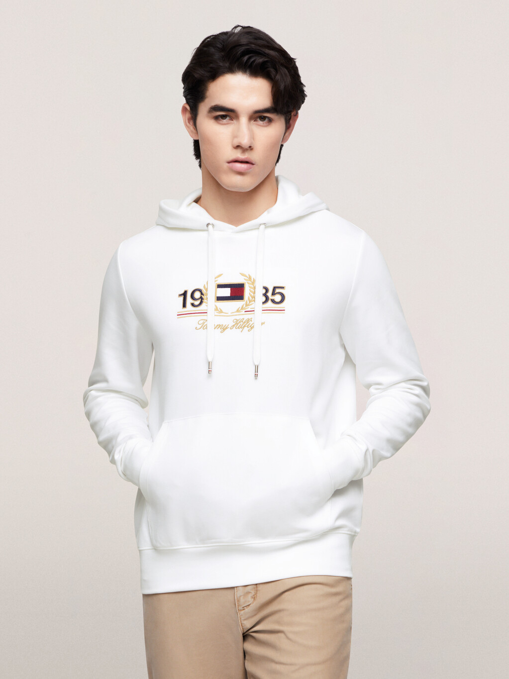 Chest Logo Embroidery Drawstring Hoody, White, hi-res