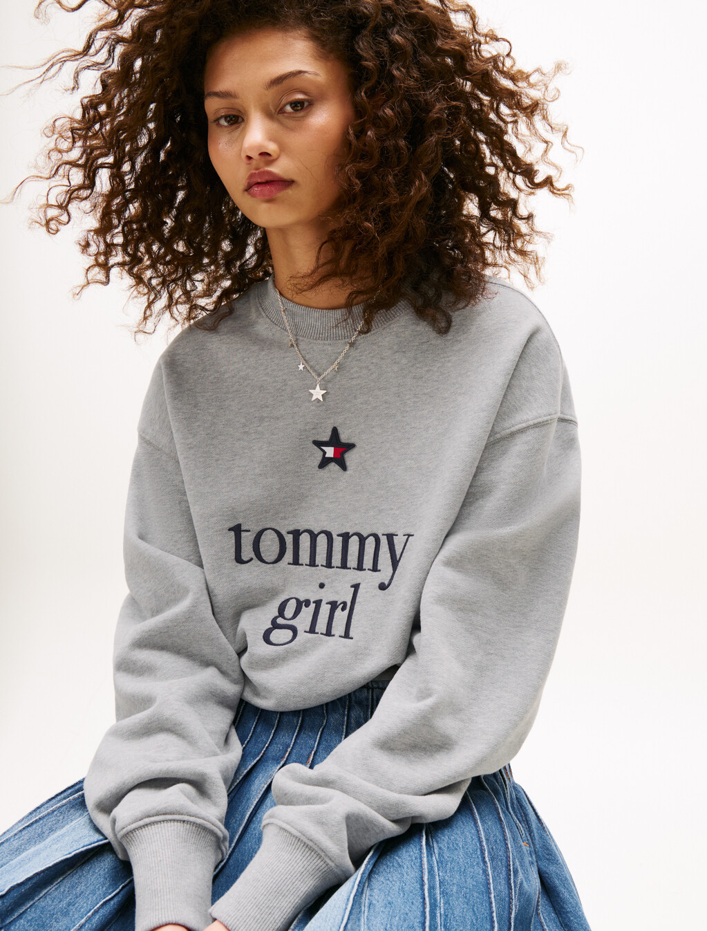 Tommy Girl 印花圖案寬鬆衛衣, Light Grey Marl, hi-res