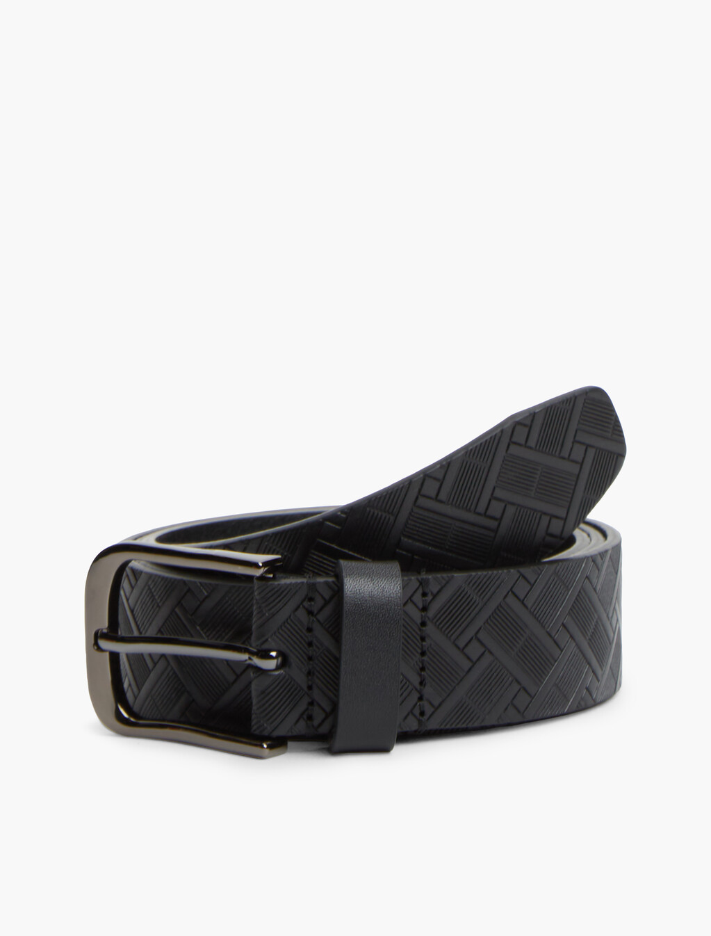 Flag Embossed Square Buckle Leather Belt, Black, hi-res