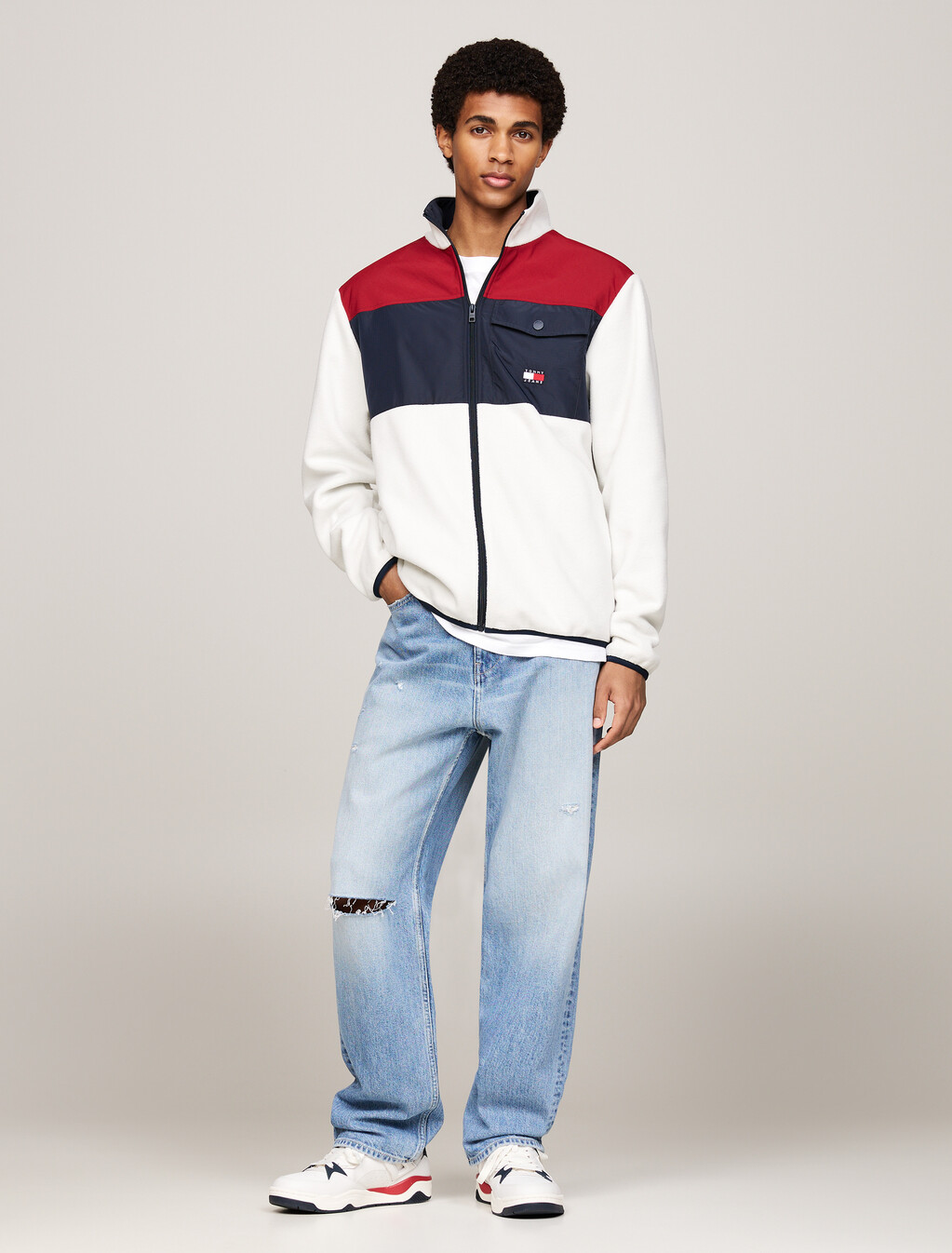拼色抓絨寬鬆運動外套, Regatta Red / Dark Night Navy, hi-res