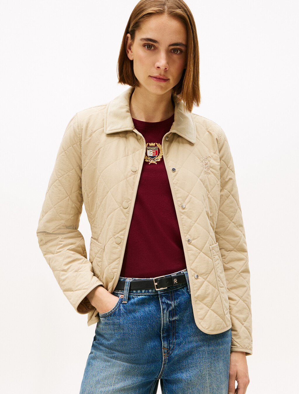 Crest Embroidery Padded Quilted Slim Jacket, Silt, hi-res