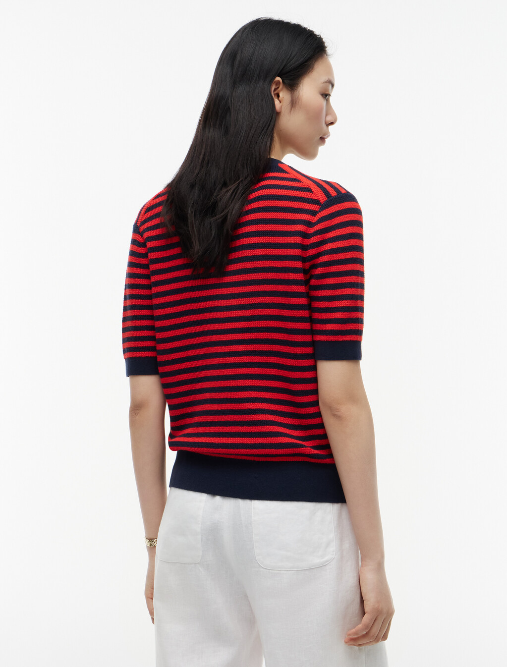 金色鈕扣亨利領短袖針織上衣, Dark N Navy/Fire Red Stp, hi-res