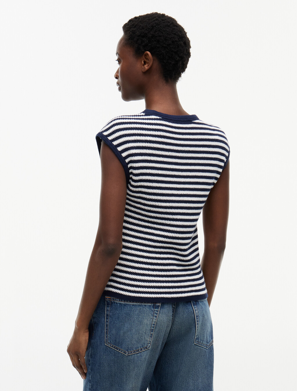 Gold-Tone Button Square Neck Top, Ivory Petal/Dark N Navy Stp, hi-res