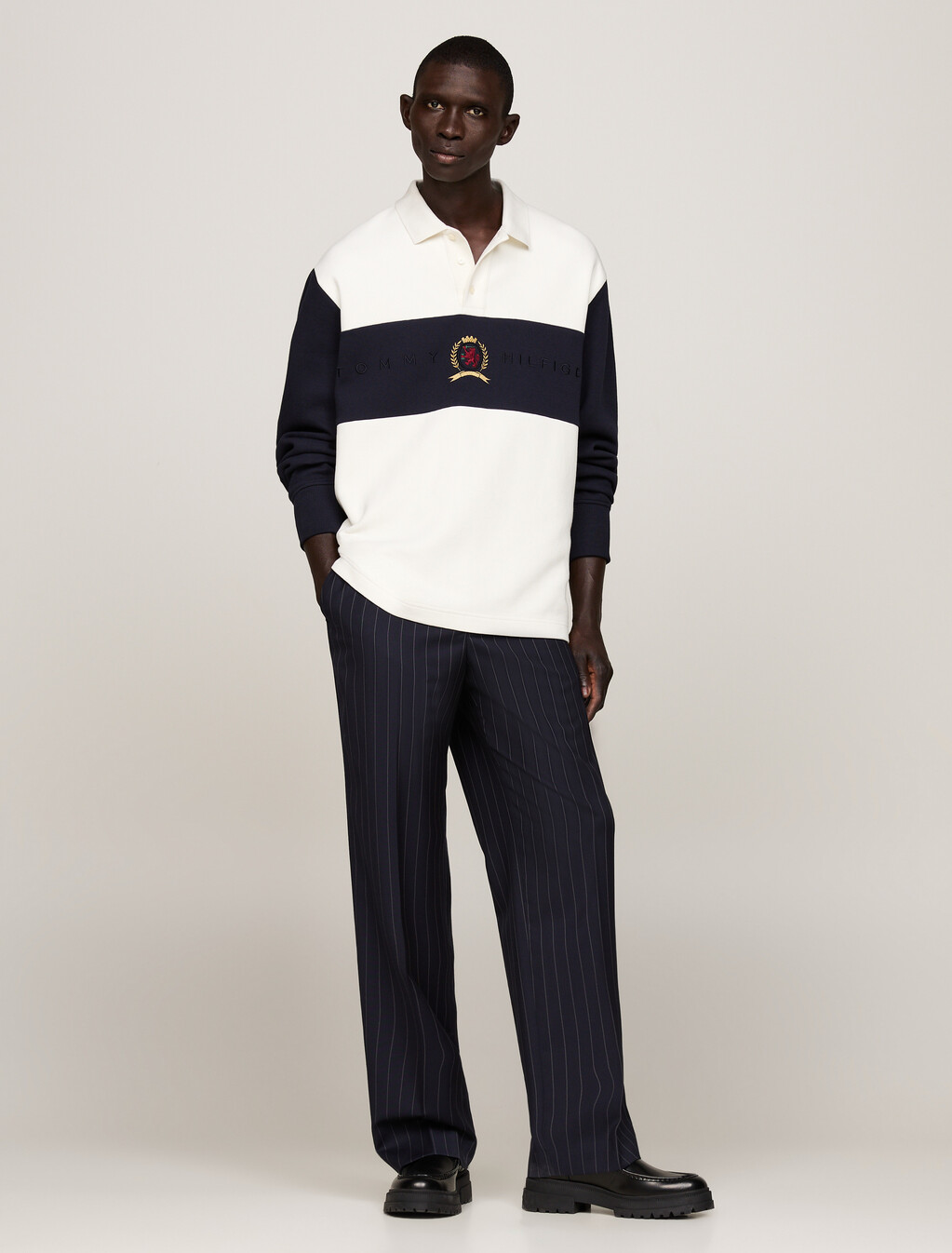 Crest Long Sleeve Boxy Polo Shirt, Ivory/Desert Sky/Regatta Red, hi-res