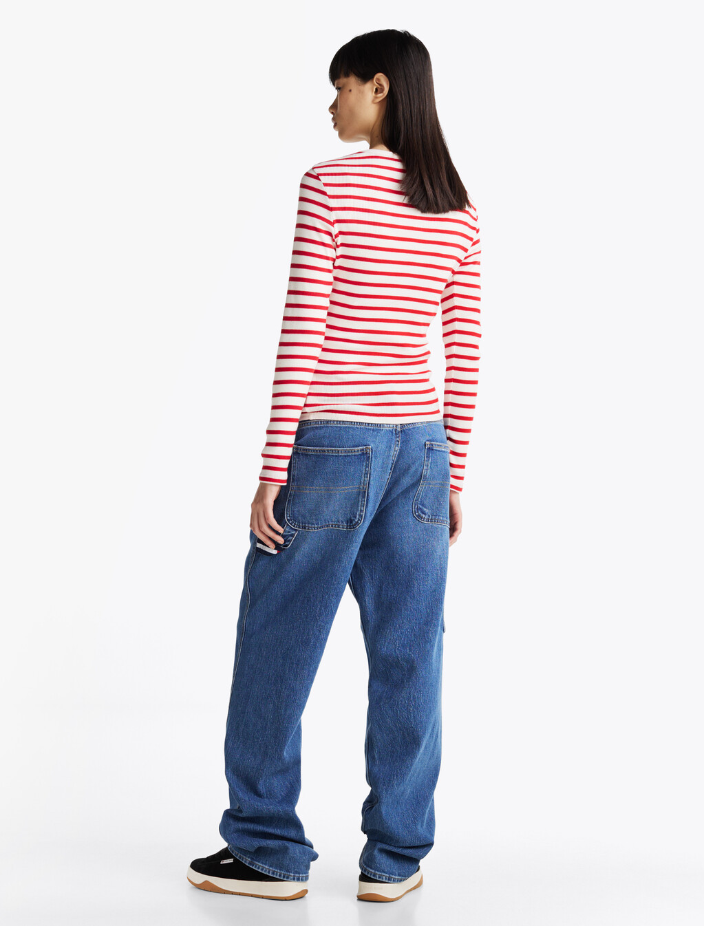 Ribbed Long Sleeve Slim T-Shirt, Red/White Sripe, hi-res