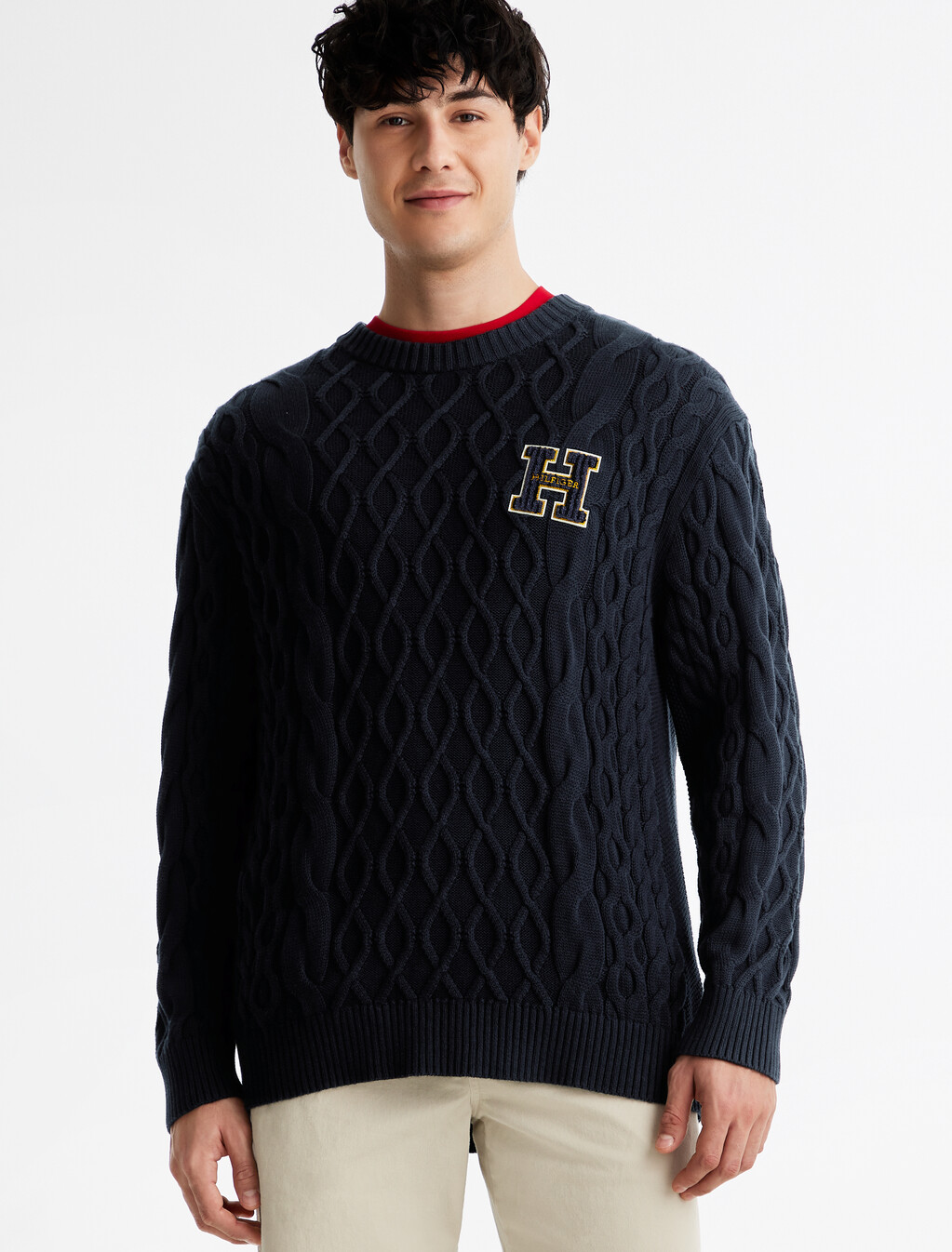 Cable Knit Letterman Applique Sweater, Desert Sky, hi-res