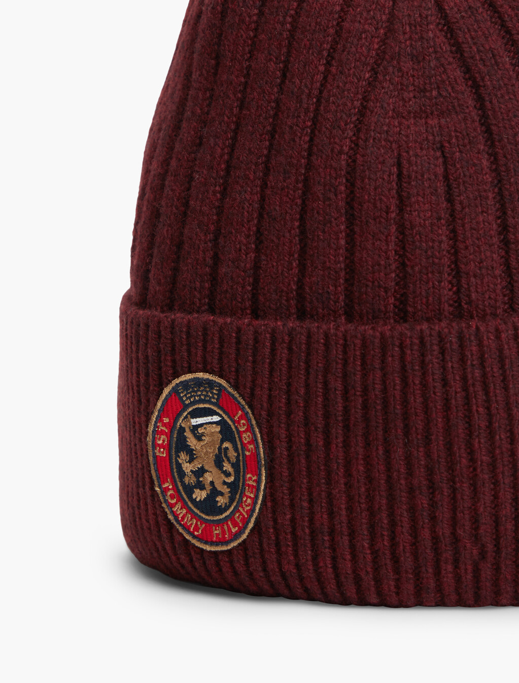 Lambswool Blend Crest Rib-Knit Beanie, Red Wine, hi-res