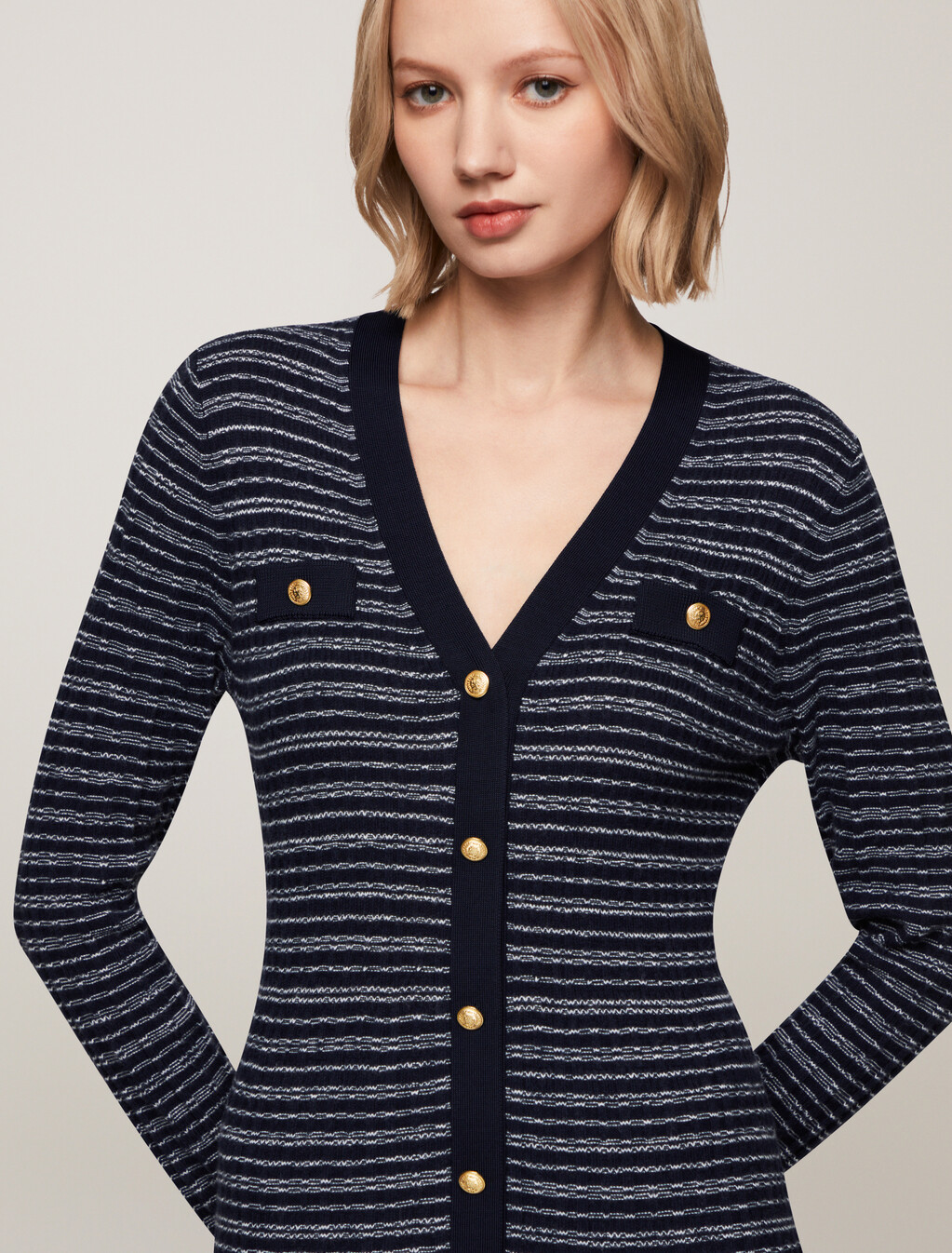 Textured V Neck Knit Sweater Dress, Navy/ Ivory Texture Stp, hi-res