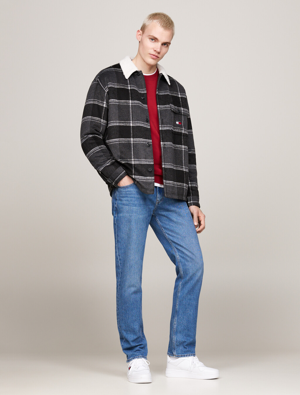 仿羔羊毛領格紋休閒外套, Black Check, hi-res