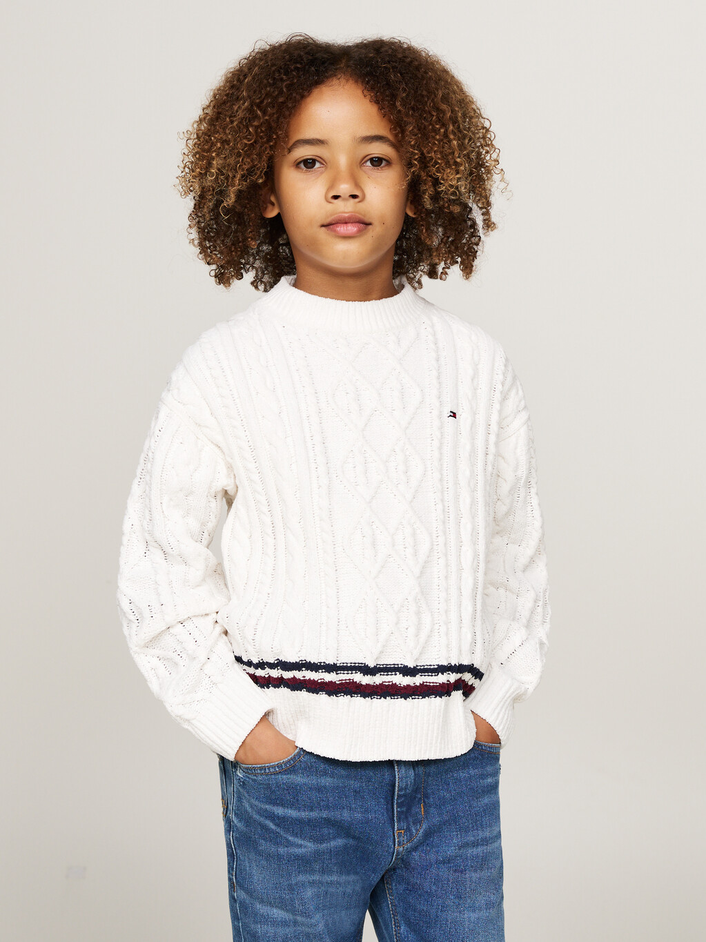 Global Stripe Chenille Cable Knit Jumper, Ivory Petal, hi-res