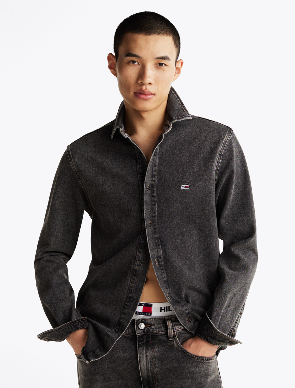 標準版型褪色牛仔襯衫式外套, Denim Black, hi-res