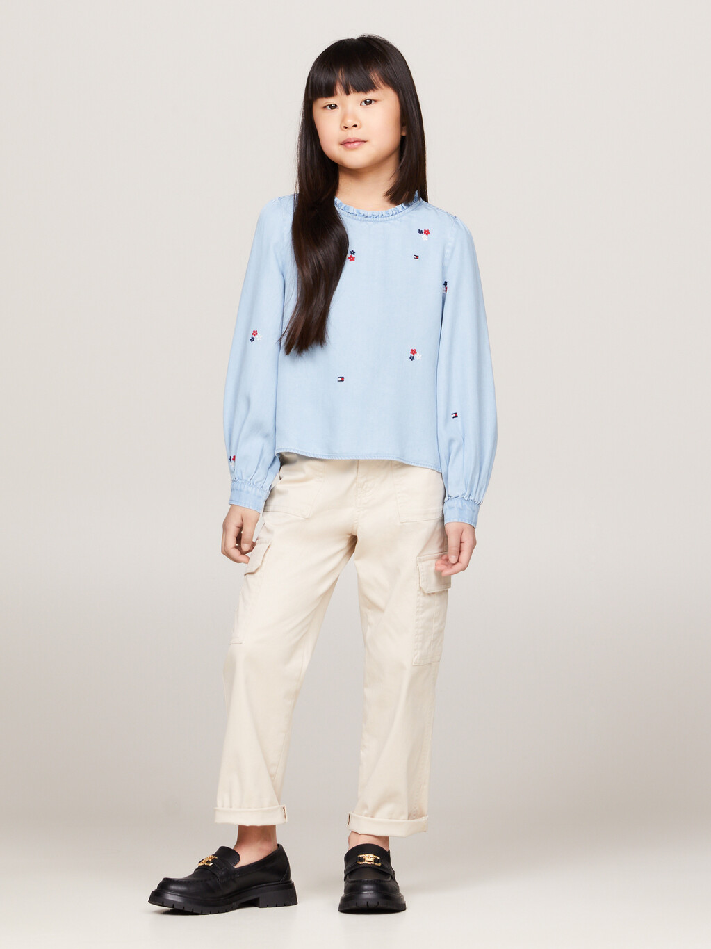 Floral Embroidery Chambray Blouse, Denim Medium, hi-res