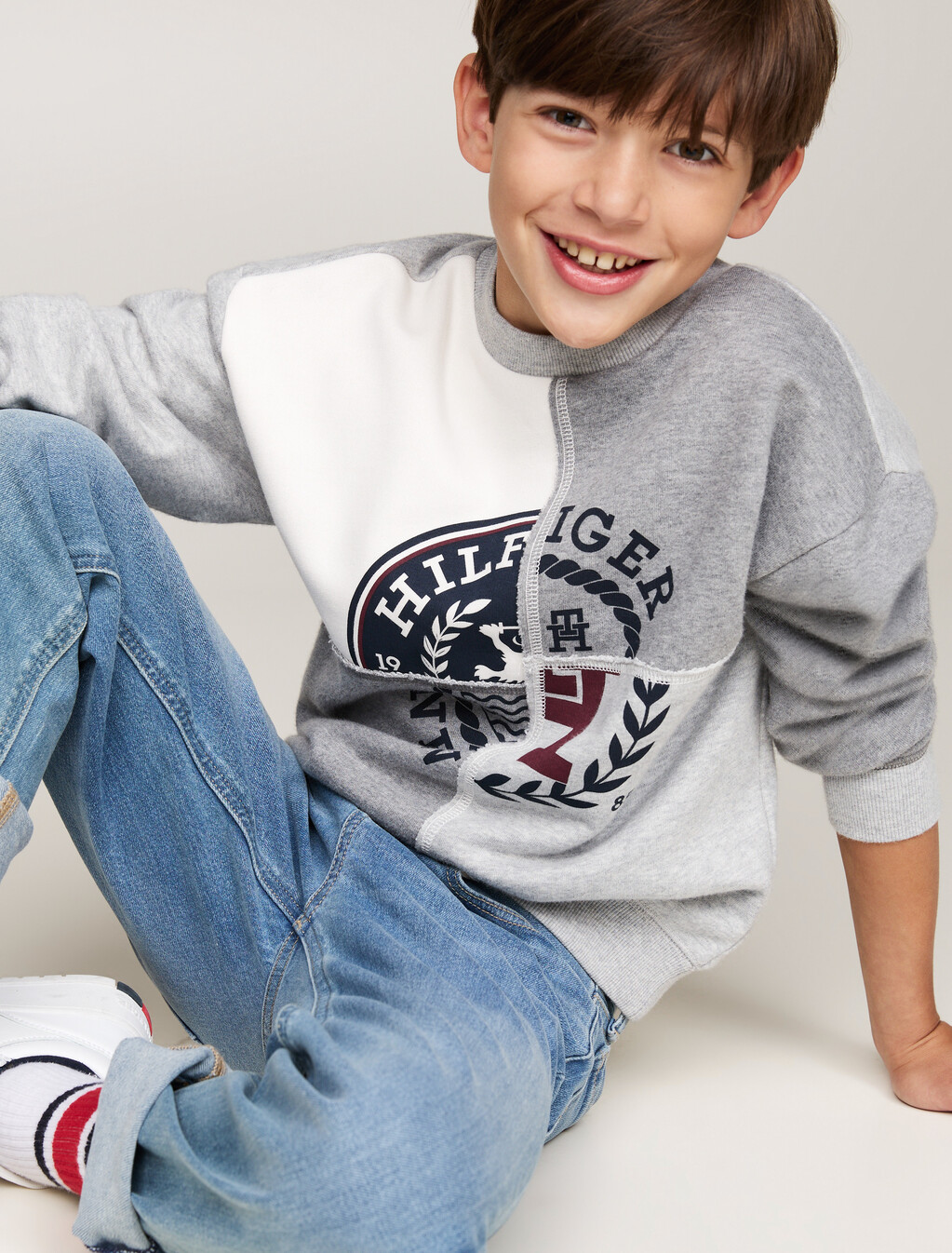 Boys Monotype Spliced Print Sweatshirt, Grey Heather Mix, hi-res