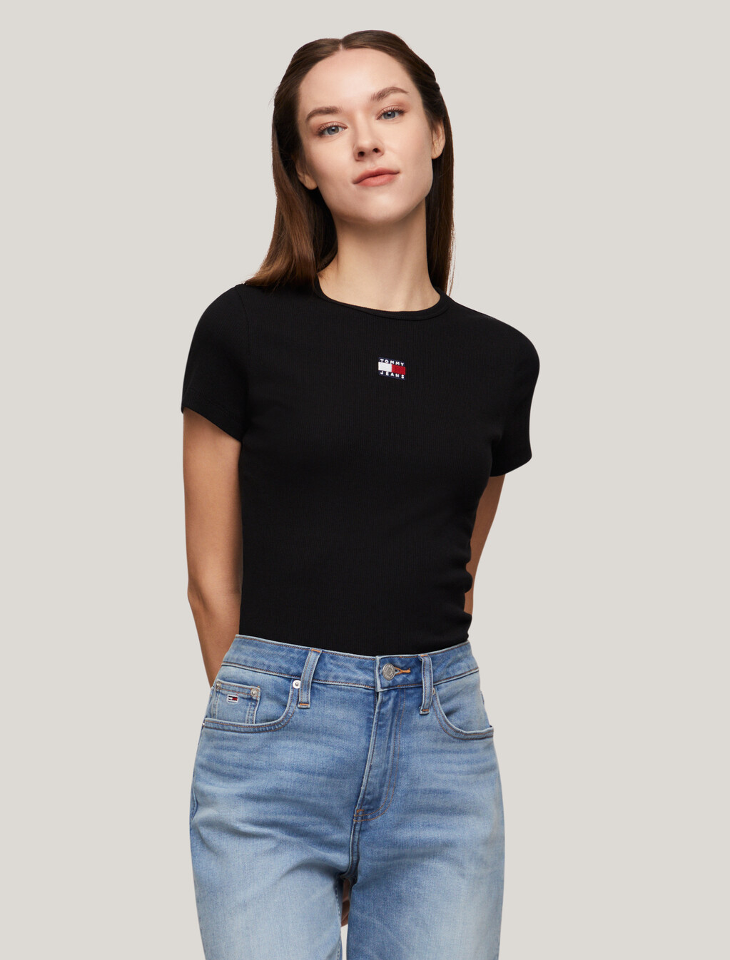 Slim Badge Ribbed T-Shirt, Black, hi-res