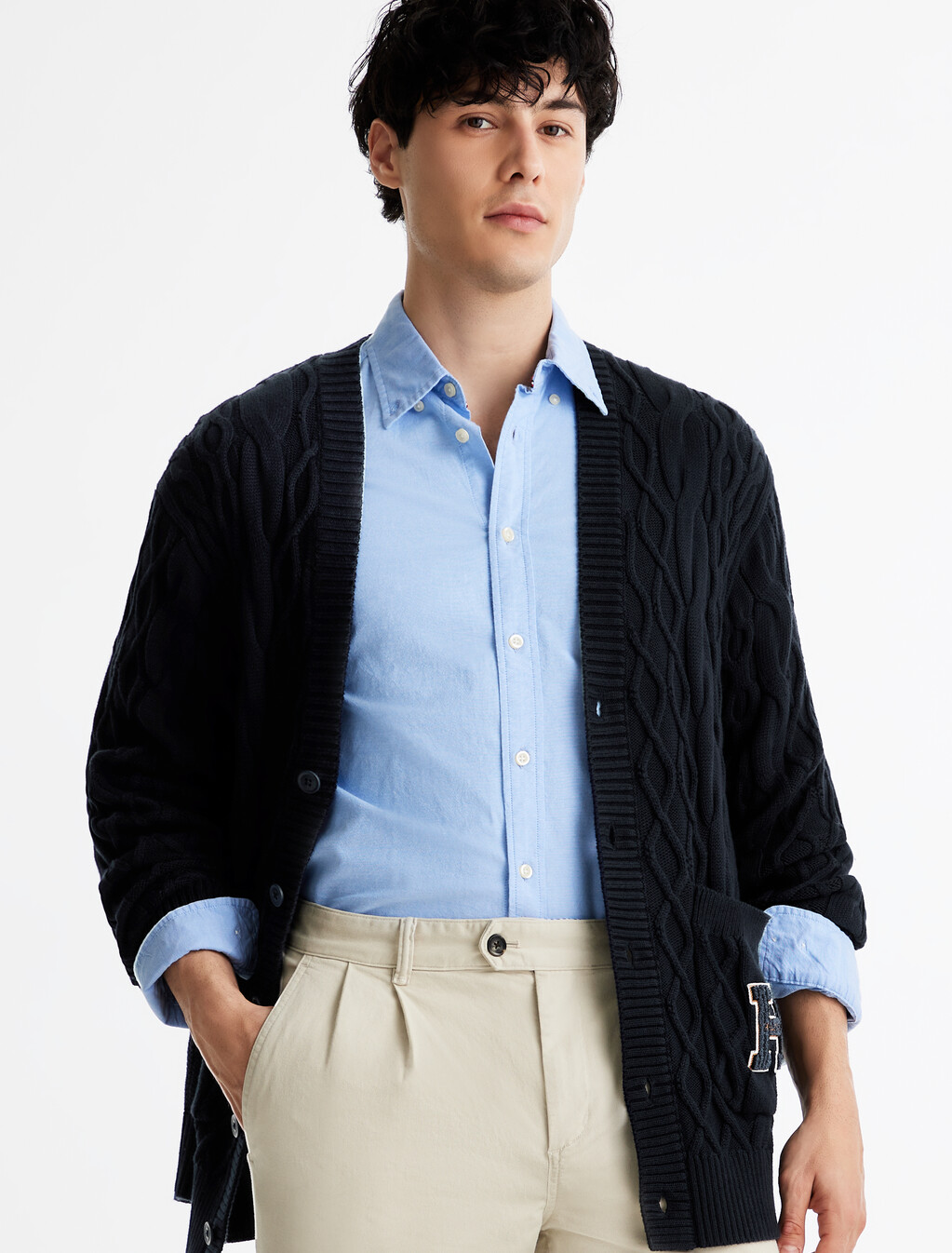 Cable Knit Letterman Applique Cardigan, Desert Sky, hi-res