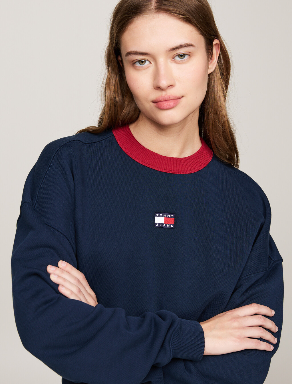 Oversized Cropped Contrast Neckline Sweatshirt, Dark Night Navy, hi-res