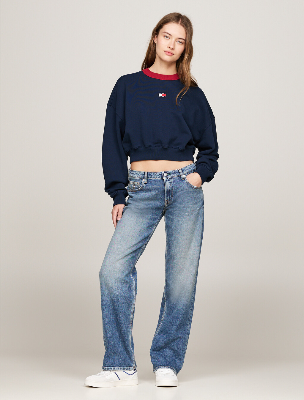 Oversized Cropped Contrast Neckline Sweatshirt, Dark Night Navy, hi-res