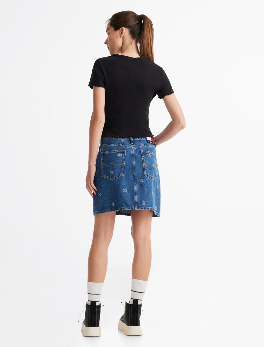 Scallop Trim Rib Knit Top, Black, hi-res