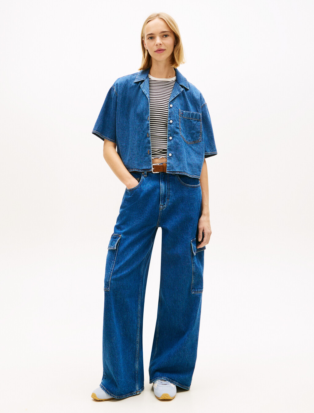 Relaxed Fit Chambray Cropped Shirt, Denim Medium, hi-res