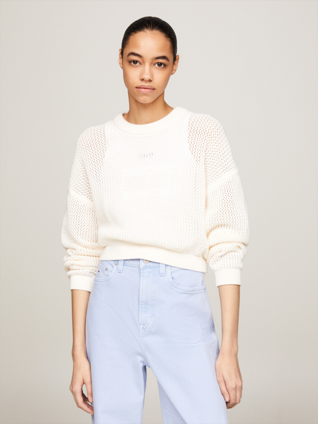 Open Knit Logo Relaxed Fit Jumper, Ancient White, hi-res