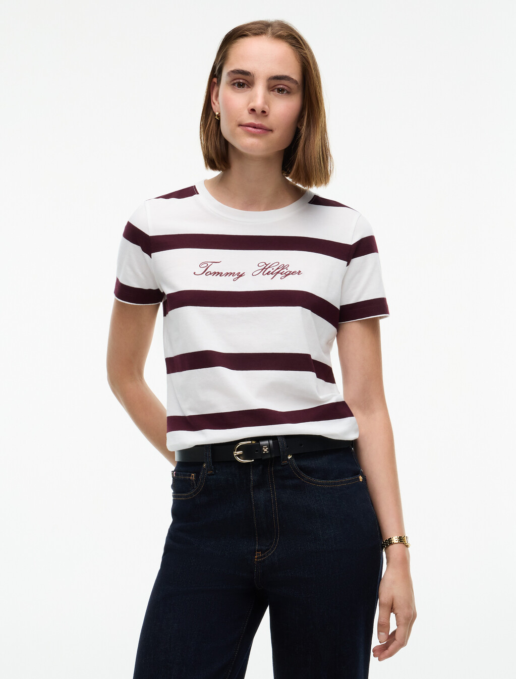 Script Logo Stripe T-Shirt, Wide Stp Ecru / Deep Burgundy, hi-res