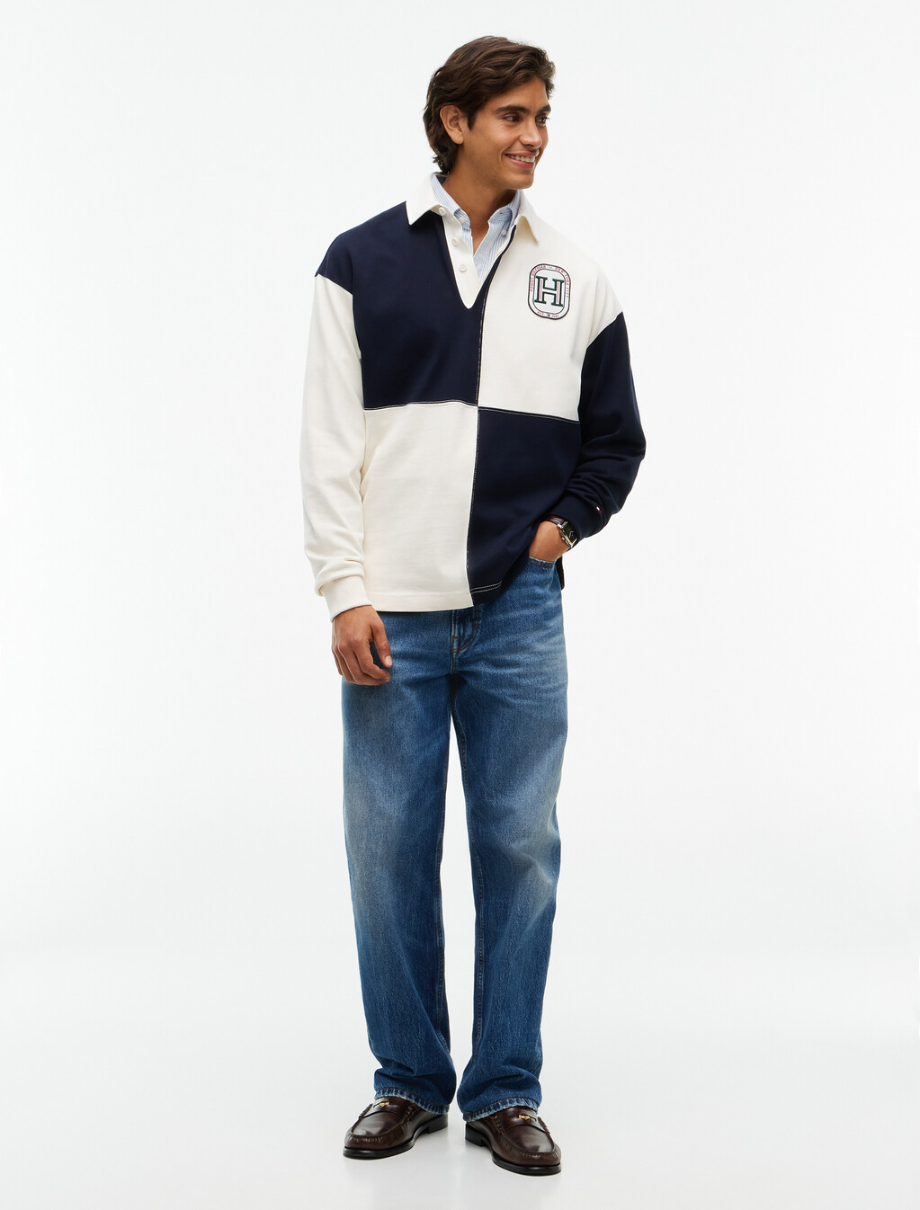 Varsity Colour-Blocked Relaxed Rugby Shirt, Ivory Petal, hi-res