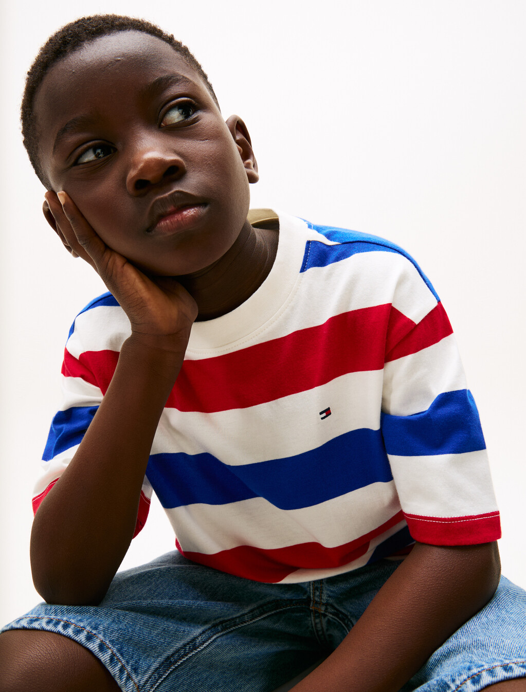 Flag Embroidery Crew Neck T-Shirt, Red Blue White Stripe, hi-res