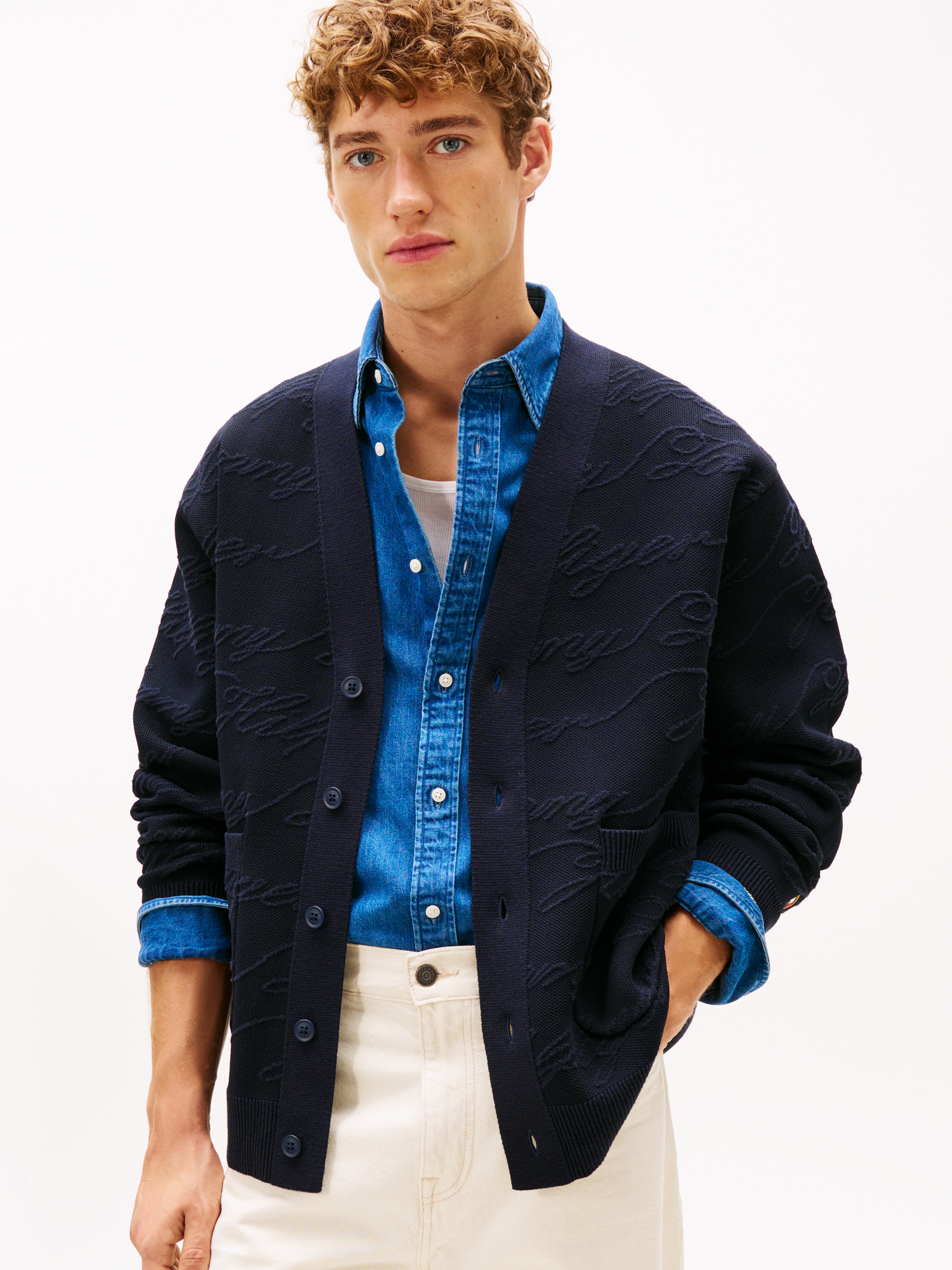 Jacquard V Neck Cardigan | blue | Tommy Hilfiger